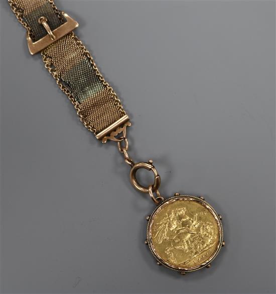 An Edwardian Canadian gold sovereign, 1909, on two colour 9ct gold mesh buckle strap.